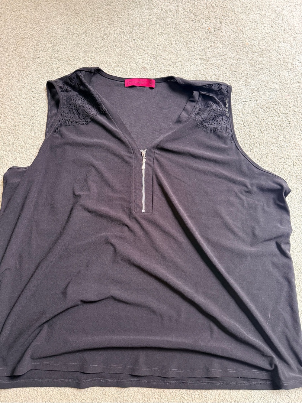 Women’s Black Sleeveless Zip V-Neck Tank with Lace Shoulders